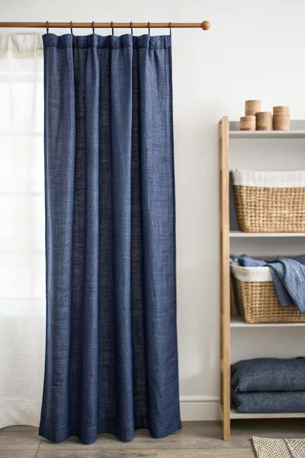 A linen curtain transforms open shelves into a hidden tote wall—rental-friendly and chic.