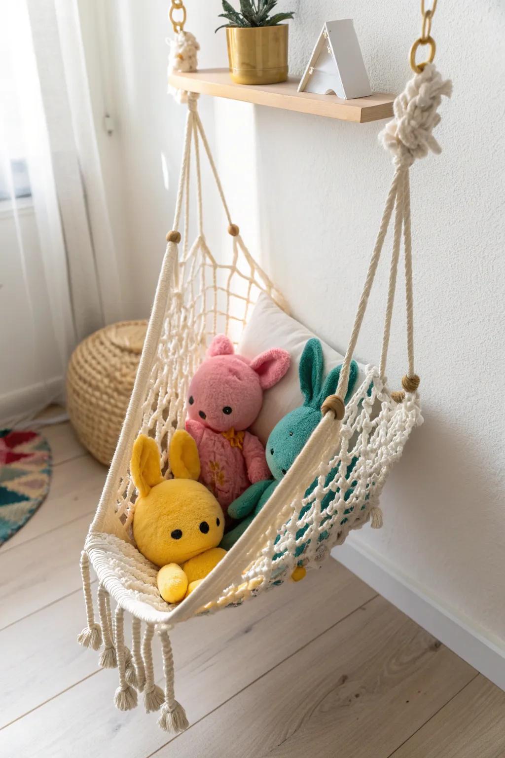 Corner stuffed-animal hammock: cute, airy storage that clears the floor in small rooms.