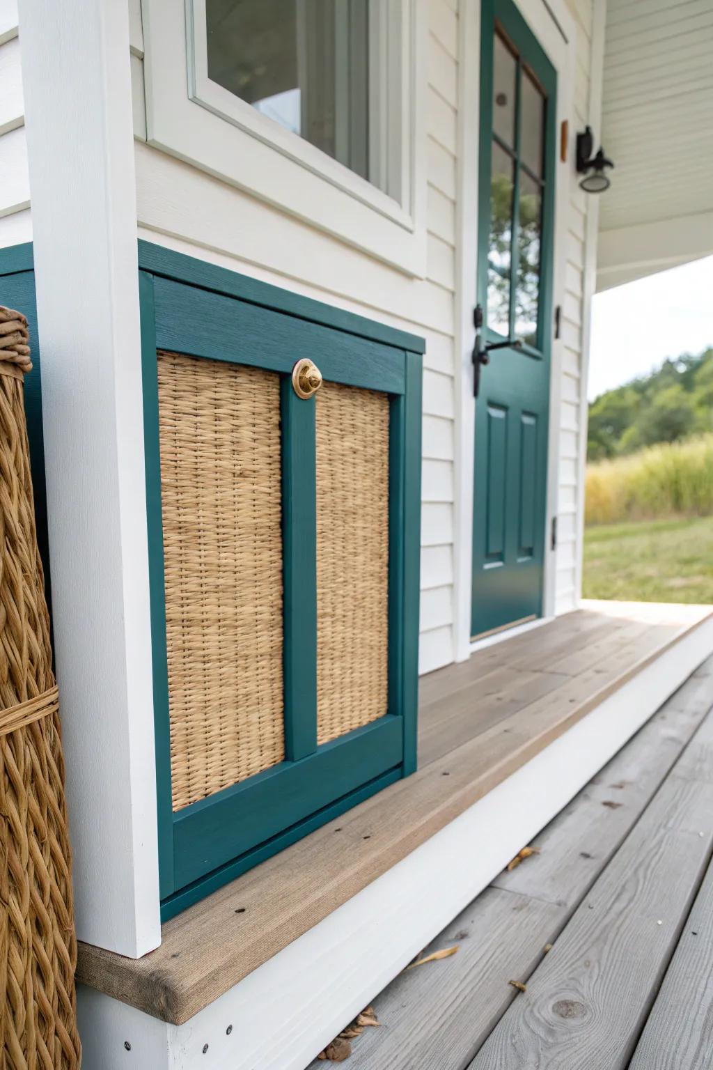 A chic teal under-porch storage door hides bulky gear and keeps your trailer porch tidy.