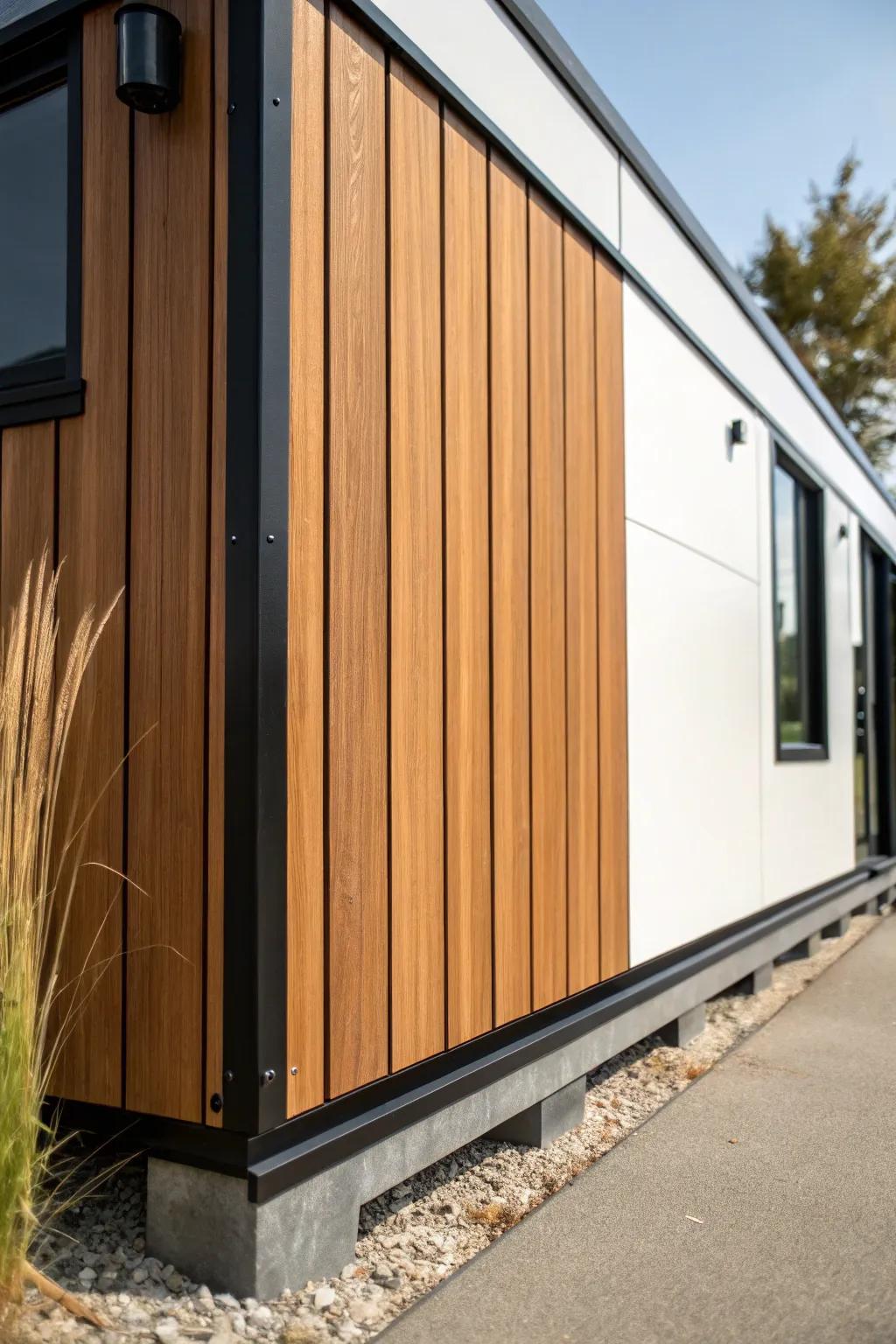 Warm cedar + matte black metal: modern cabin trailer skirting with cozy contrast.