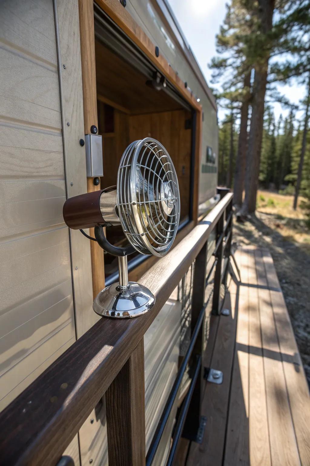 Stay cool on your adventures with this expertly crafted clip-on fan, the perfect blend of function and style for your truck camper porch.