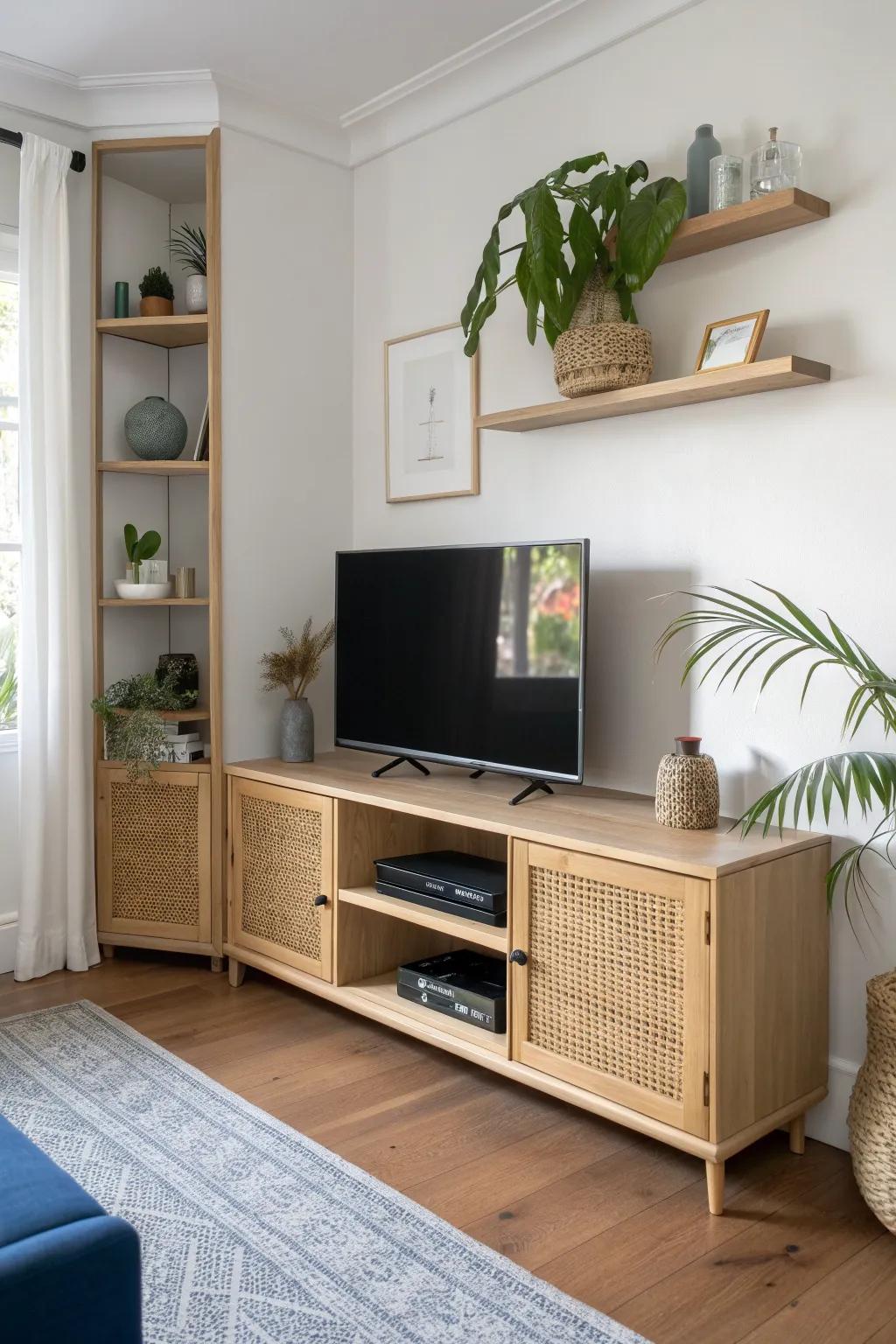 Wraparound corner TV console wall: sleek storage that makes tiny rooms feel bigger.