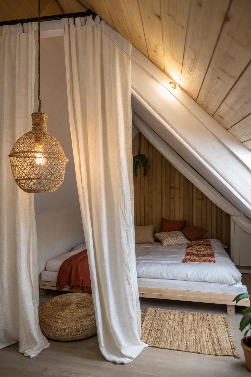 A twin-bed alcove with ceiling curtains—studio privacy that feels calm, cozy, and grown-up.