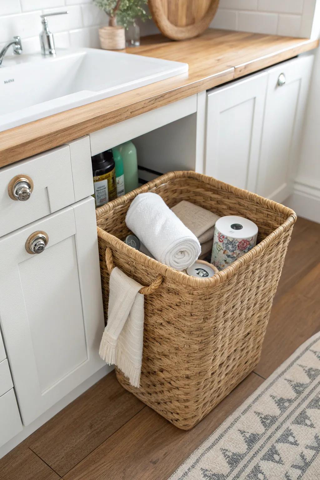 A tiny under‑sink leak kit: woven bin + absorbent cloths so drips never become drama.