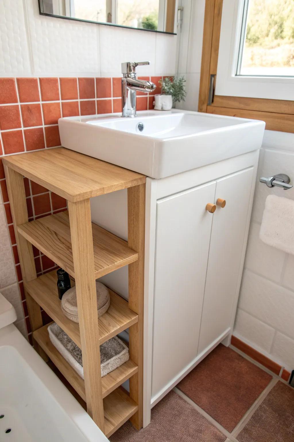 A slim oak shelf turns the dead zone beside the P-trap into a tidy backups lane.