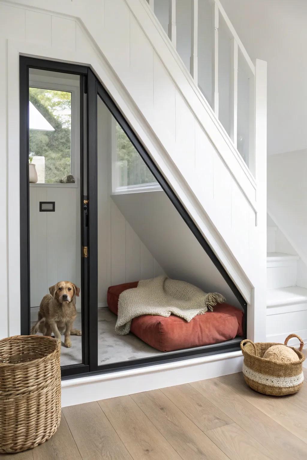 A chic glass-front under-stairs dog suite—minimal, airy, and beautifully contained.
