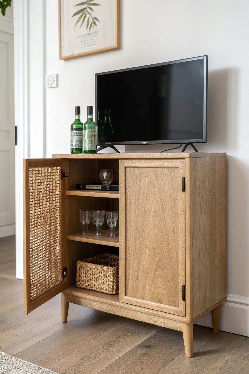 A tidy mini bar cabinet under the TV—minimal, boho-warm, and ready for guests.