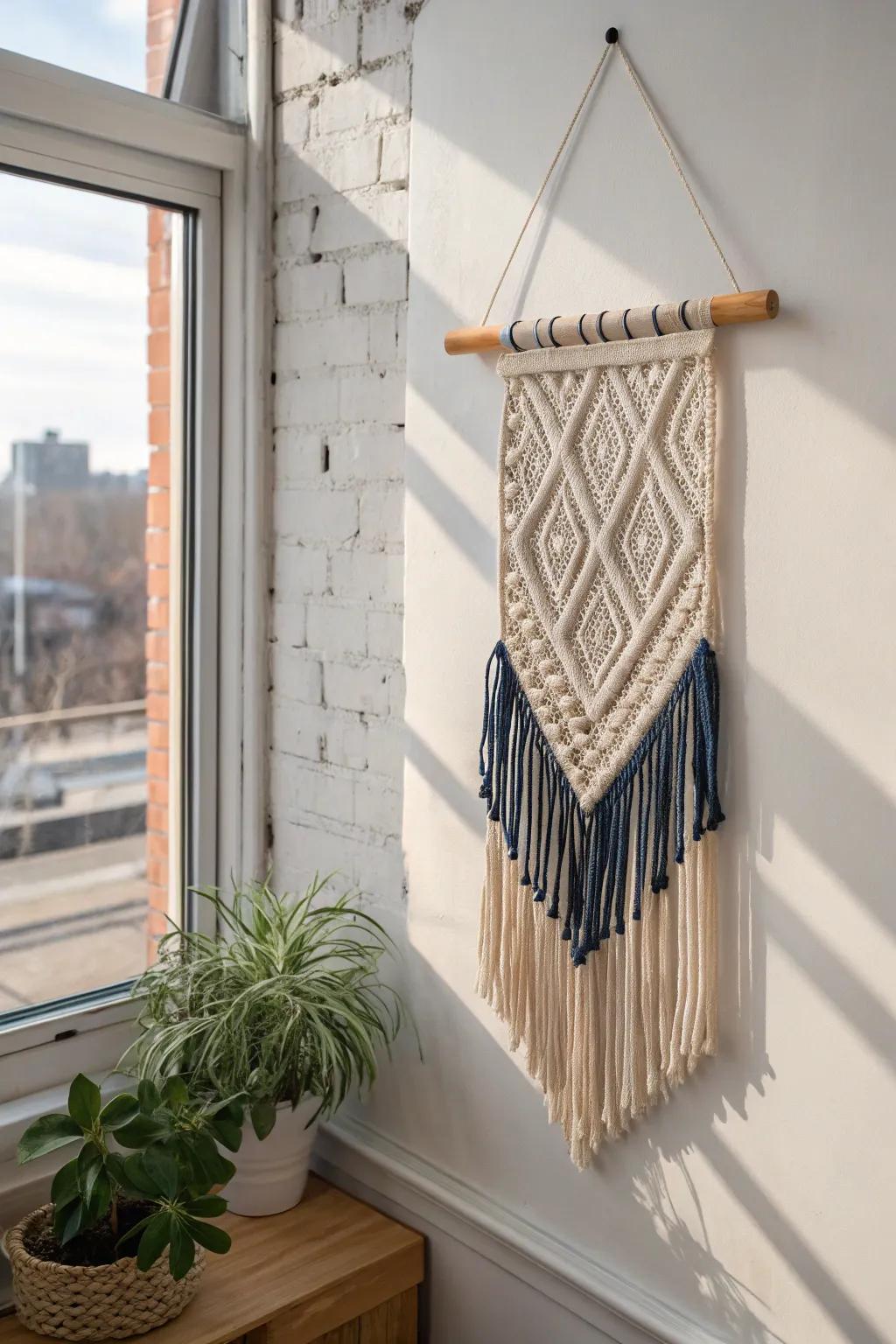 A boho macramé wall hanging that softens loft echoes while keeping the office calm.