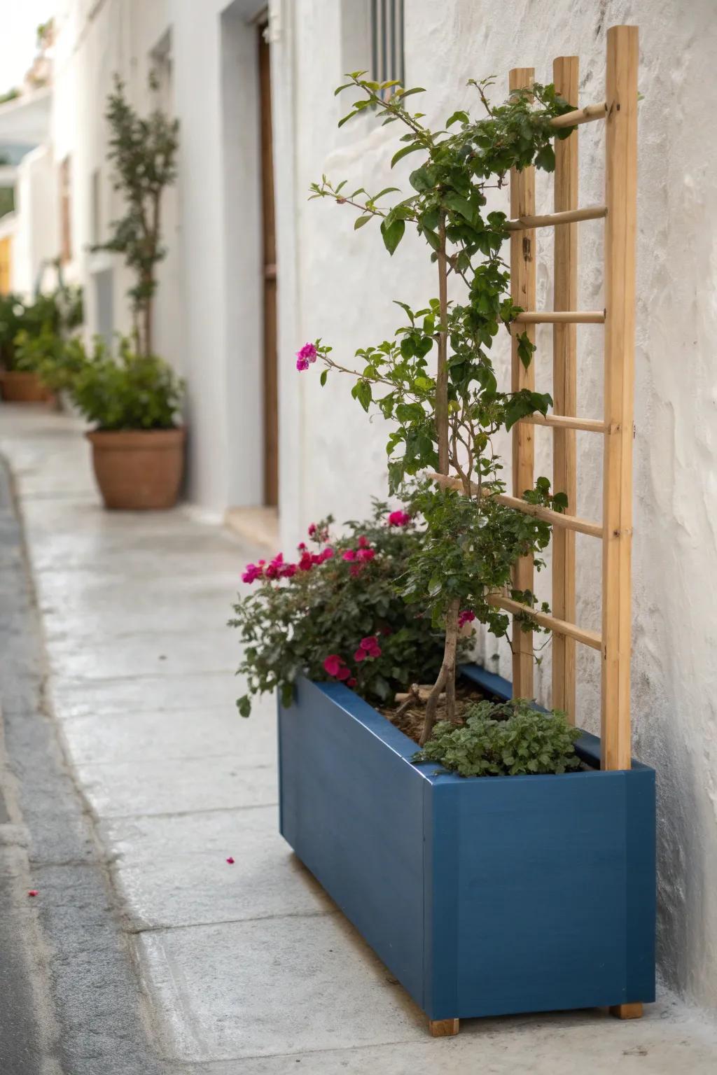 Turn a sunlit side strip into an alley garden with a slim planter + trellis spine.