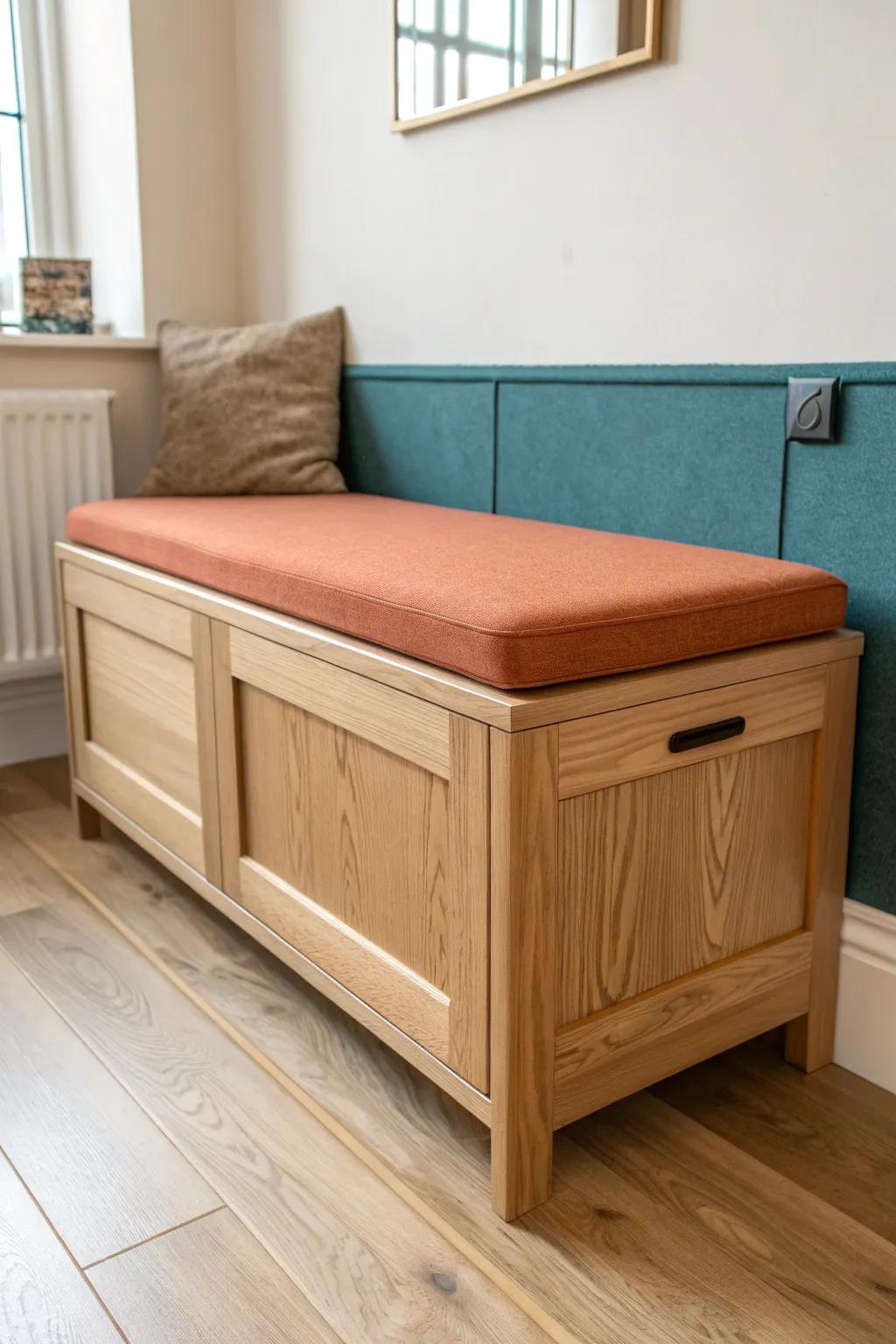 A slim storage bench turns that awkward living-room corner into chic built-in seating.