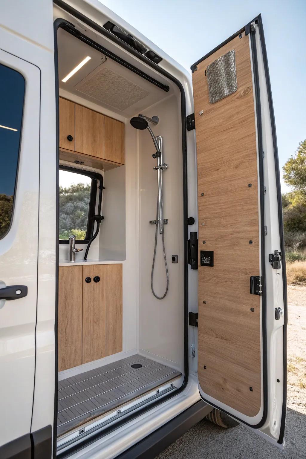 Space-saving van shower: a sleek fold-down wall panel that disappears when you’re done.