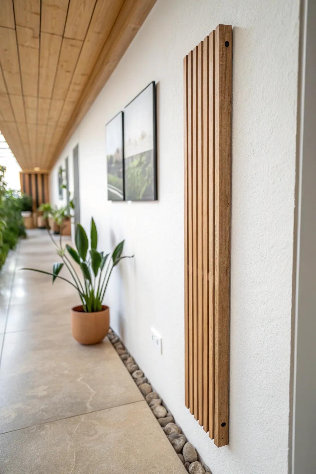 A slim oak slat strip adds instant height and architectural drama—without a full accent wall.