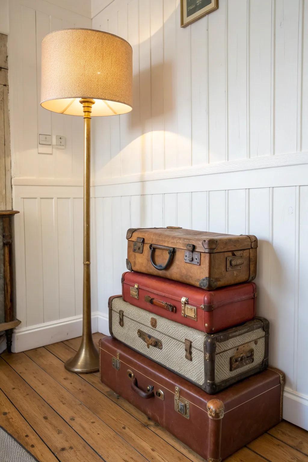 Stack vintage suitcases into a bold floor-lamp base for height, warmth, and instant character.