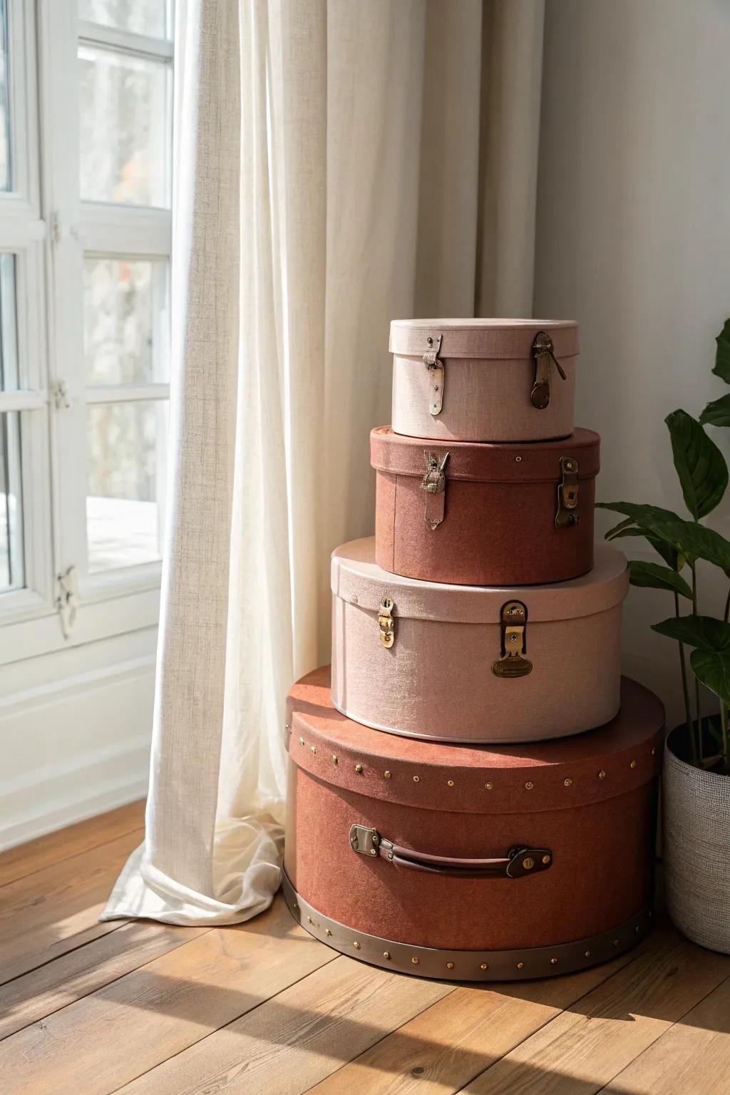 Vintage hat boxes add chic closet and under-bed storage—no plastic-bin vibe, all style.