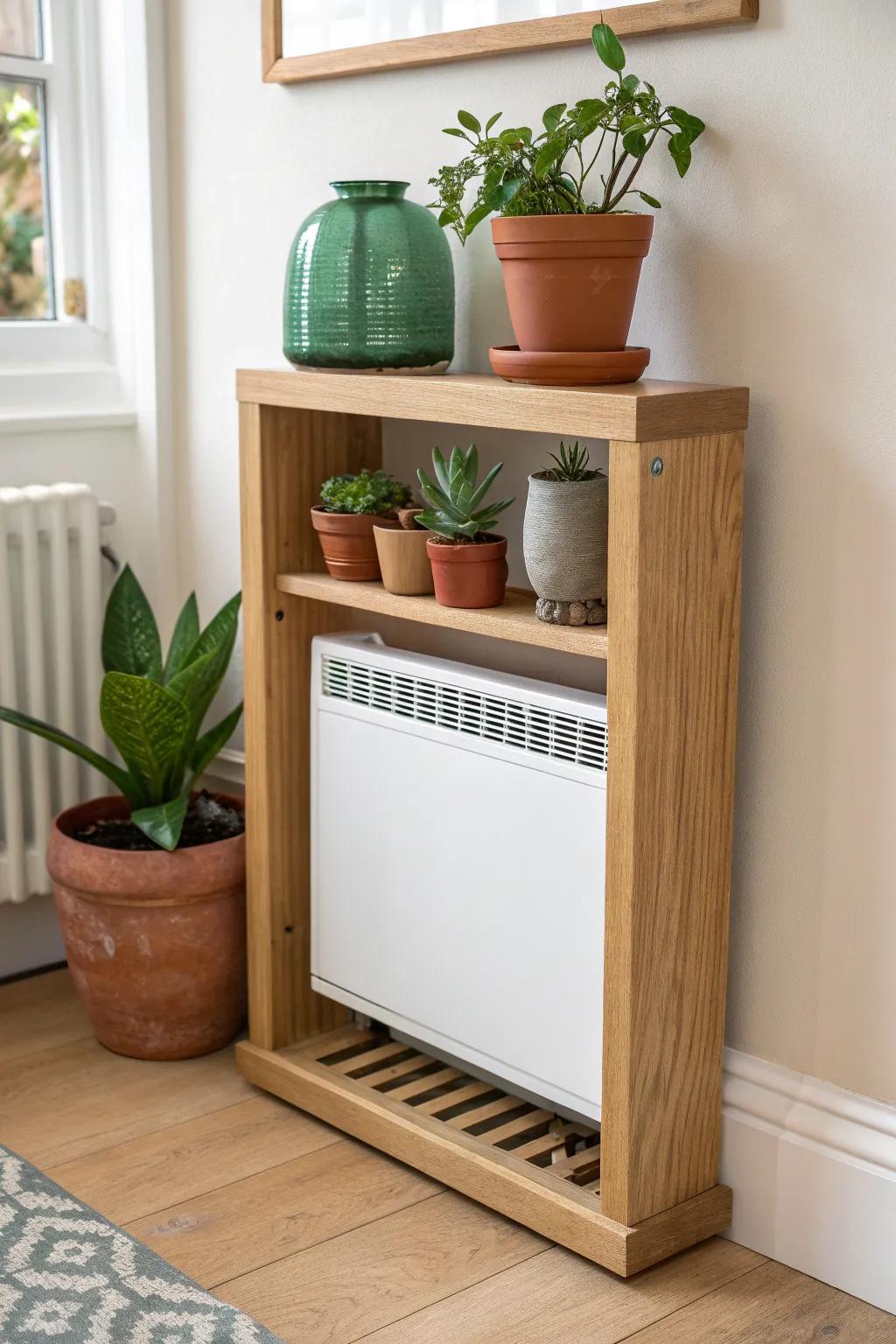 Mini plant-shelf heater cover: open front, safe clearance, and a bold pop of green on warm oak.