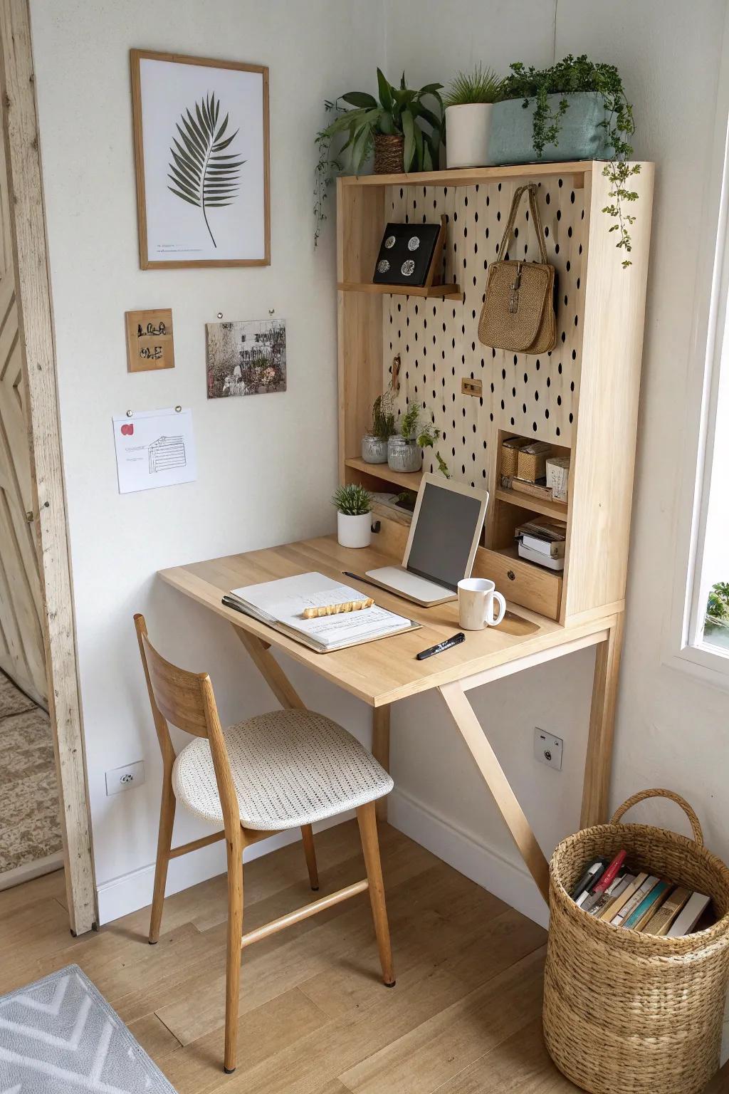 Fold-down wall desk + organizer backing: a hallway nook turns into a chic micro office.