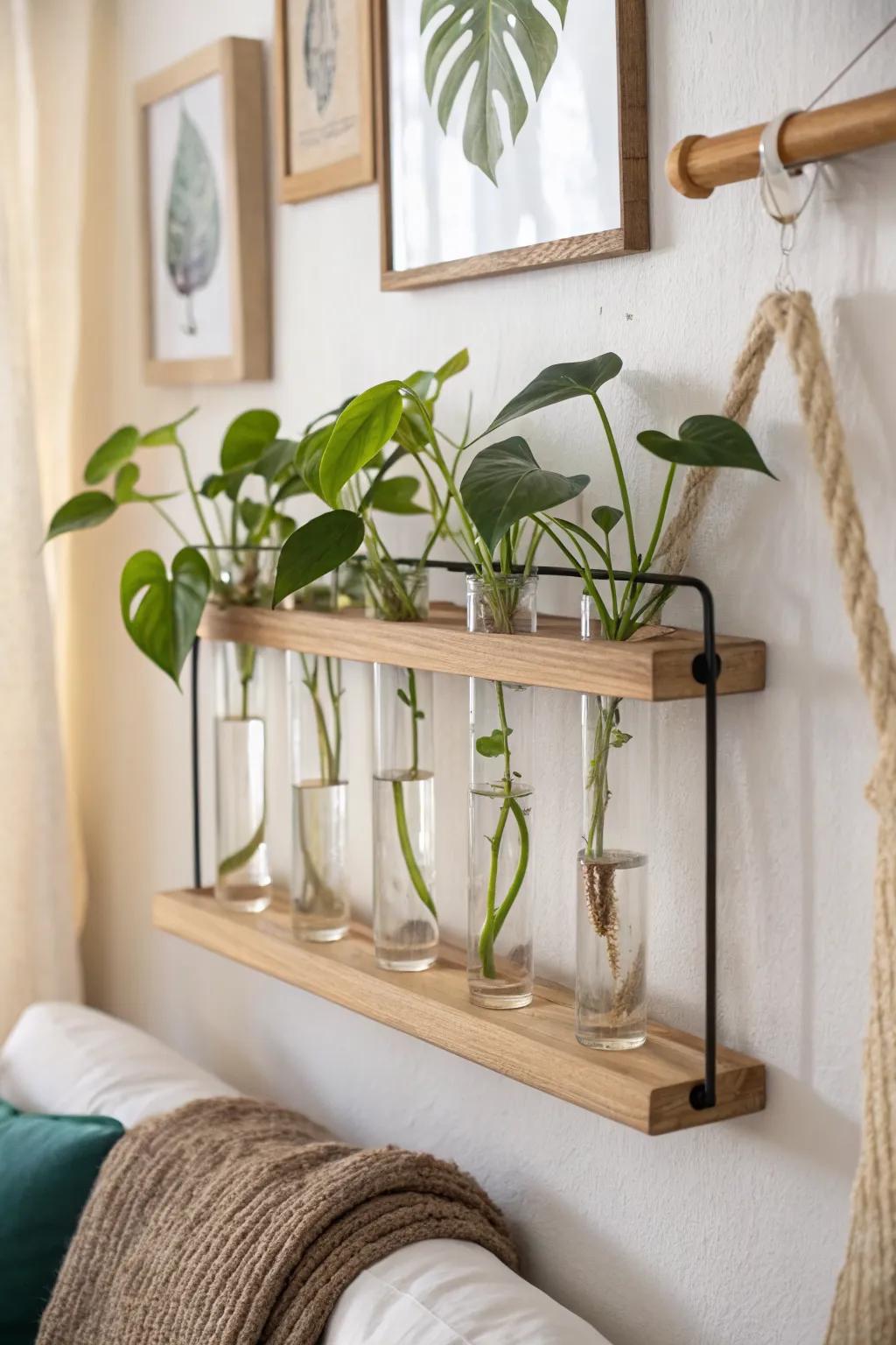 Wall-mounted propagation tubes: a chic small-space way to grow cuttings and watch roots form.