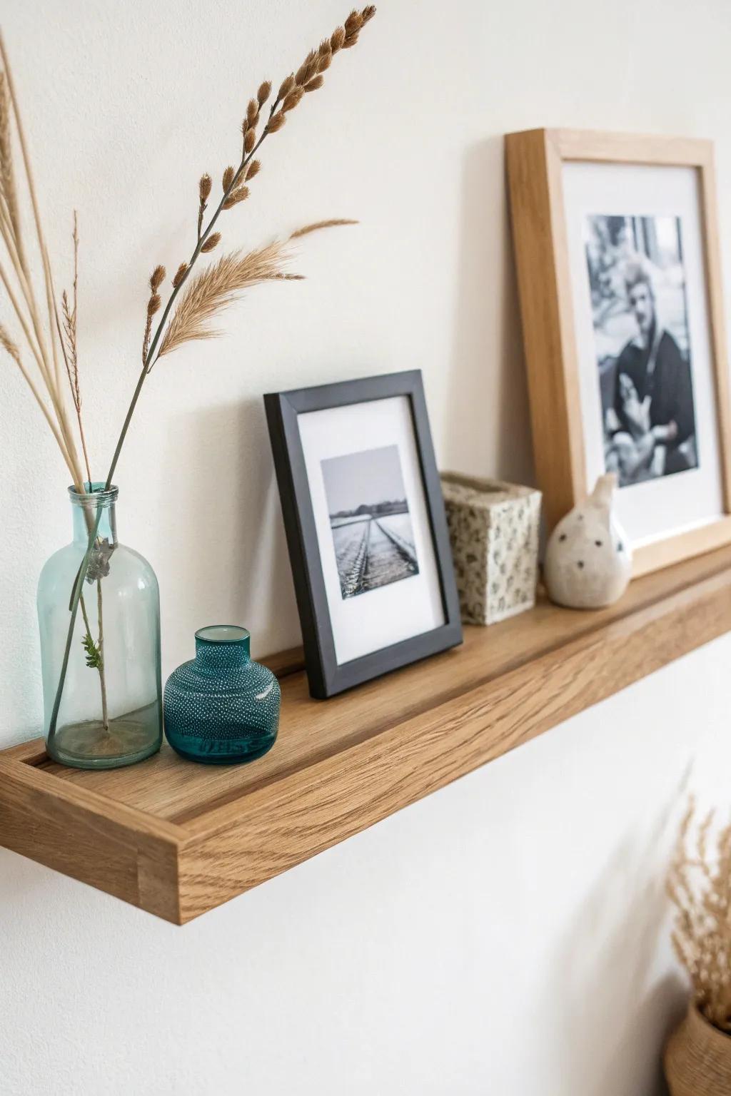 A tiny memory shelf: one photo, one keepsake, and dried stems—simple, personal, uncluttered.