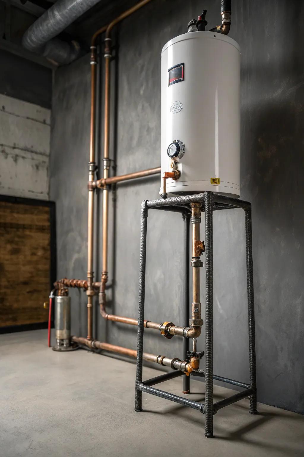 Elevate your style with a rugged industrial pipe stand for your water heater.
