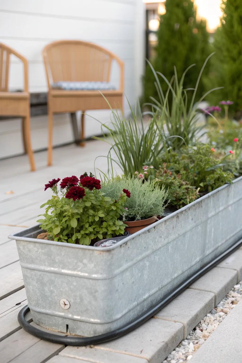 Effortless trough planter: sleek drip watering keeps your tiny-space garden thriving.