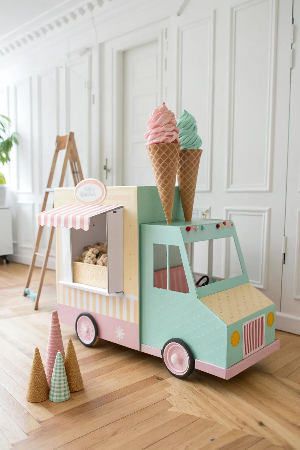 Unleash imagination with this charming cardboard ice cream truck, a perfect blend of creativity and minimalist style.