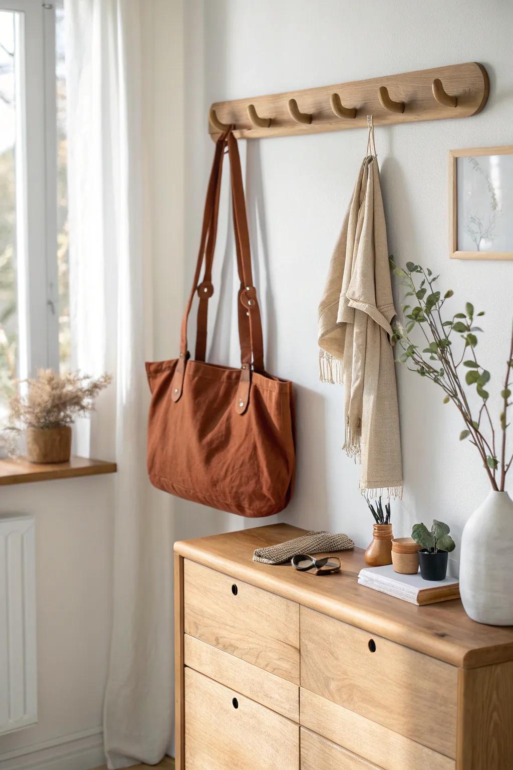 A simple oak peg rail above the dresser adds stylish vertical storage for daily grab-and-go.