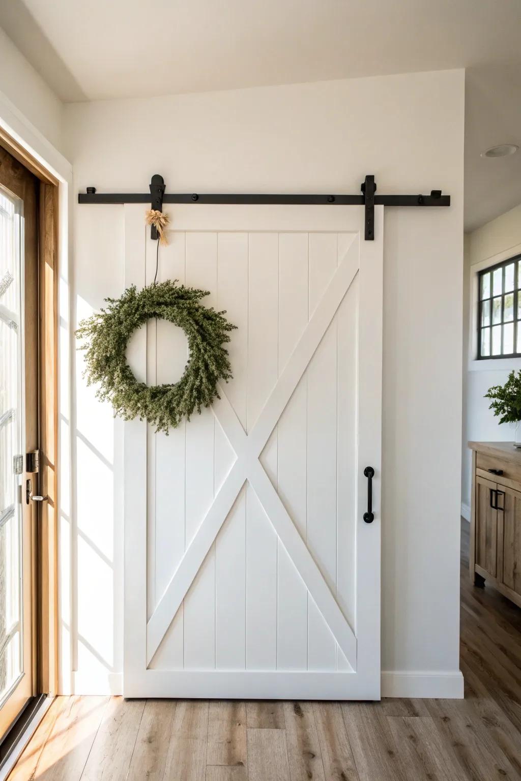 A white barn door + simple eucalyptus wreath = effortless seasonal style with zero clutter.