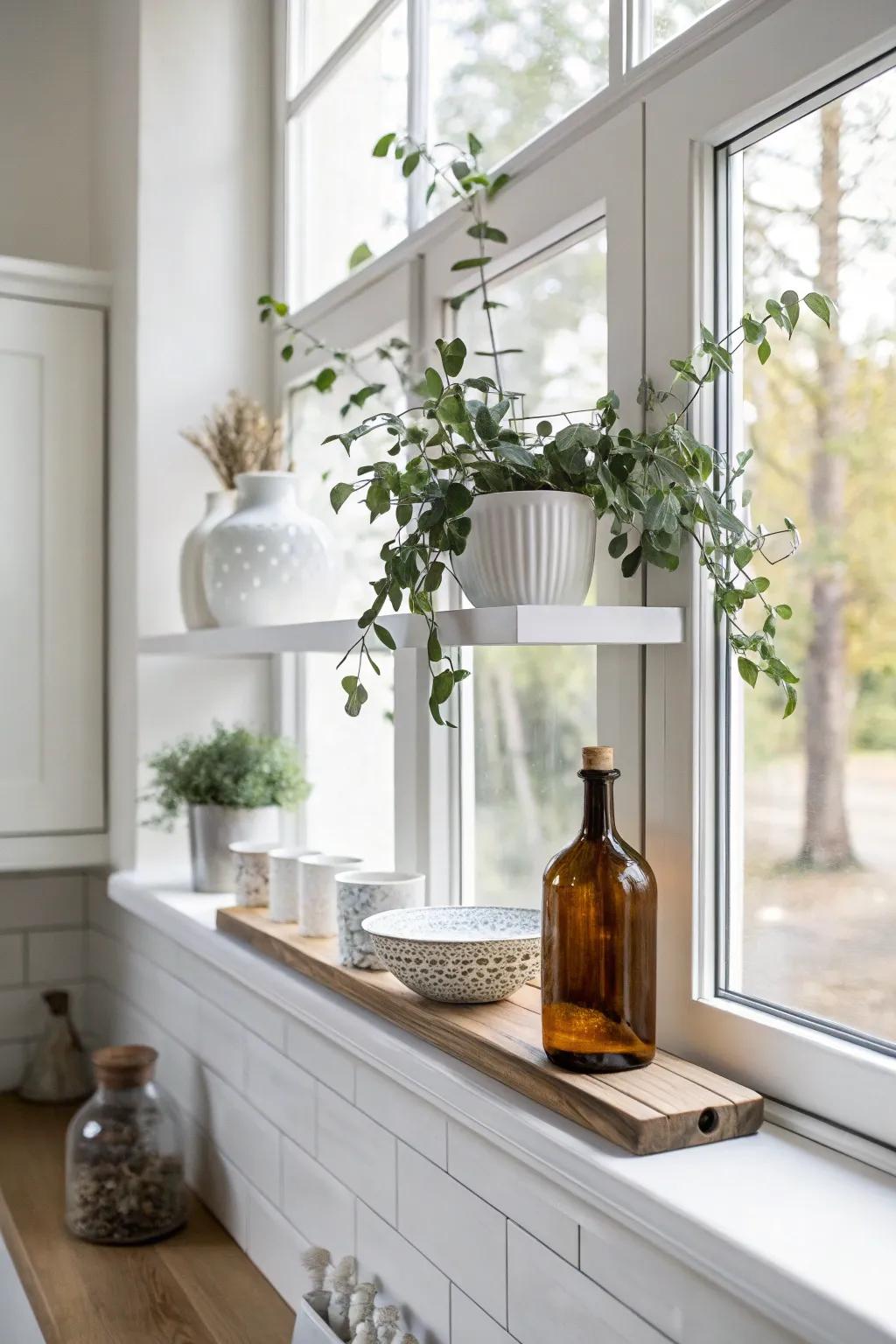 A slim white shelf across the window adds storage without stealing the sunlight.