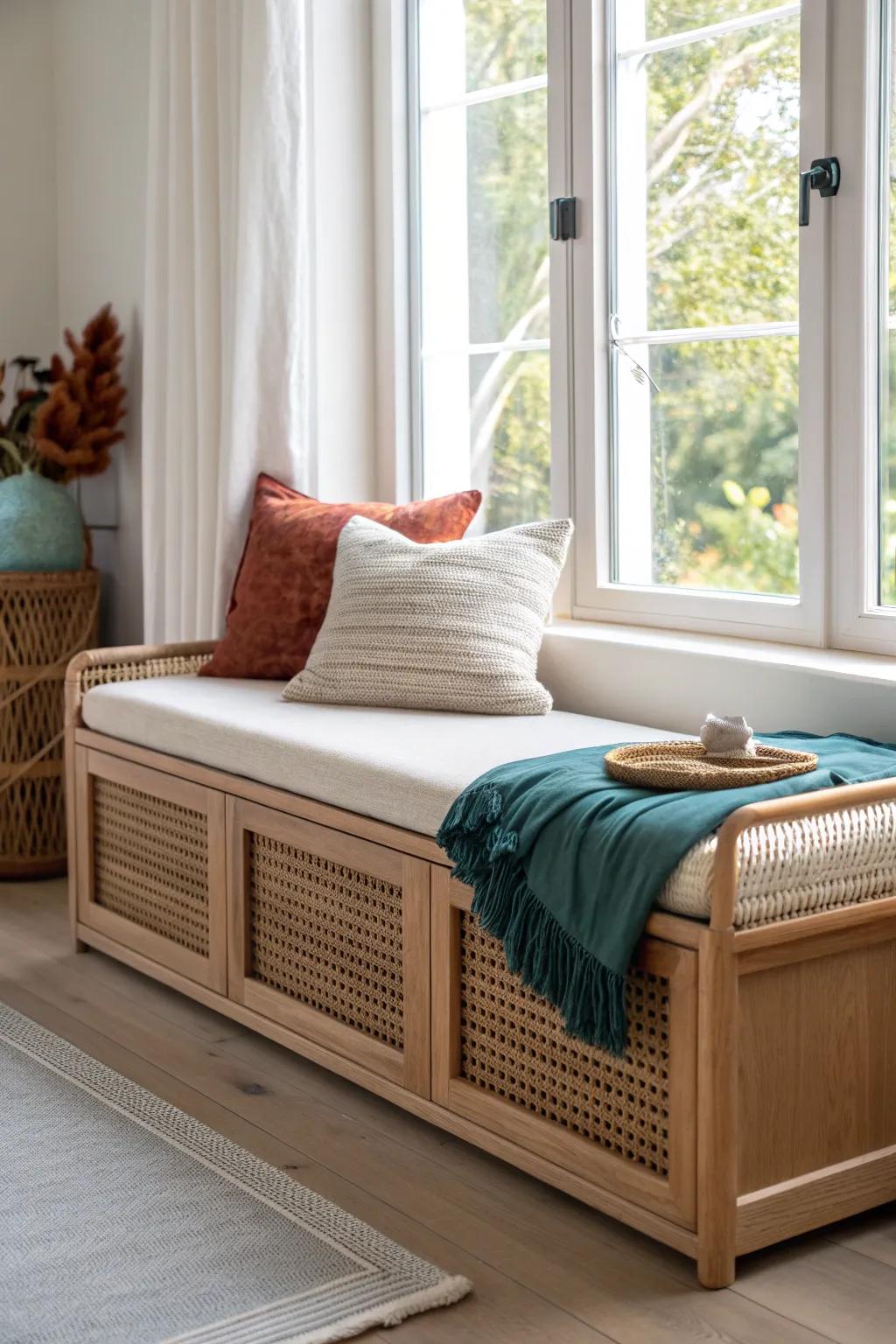A sleek window bench with a pull-out trundle—an instant guest bed that disappears in seconds.