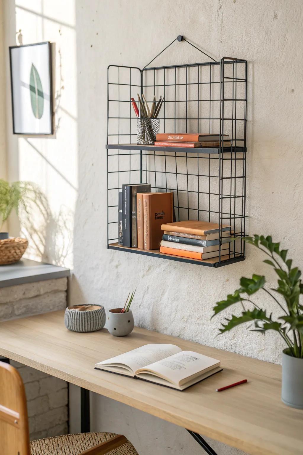 Wall-mounted wire book shelf above a desk—vertical storage that keeps small spaces airy.