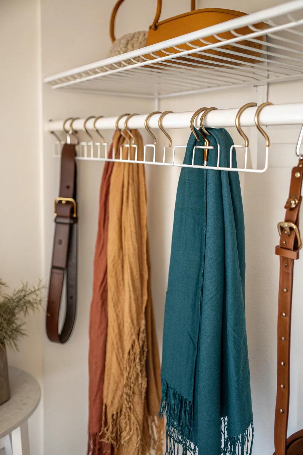 Add a slim rail under wire shelving to hang belts and scarves—easy, tidy, and visible.