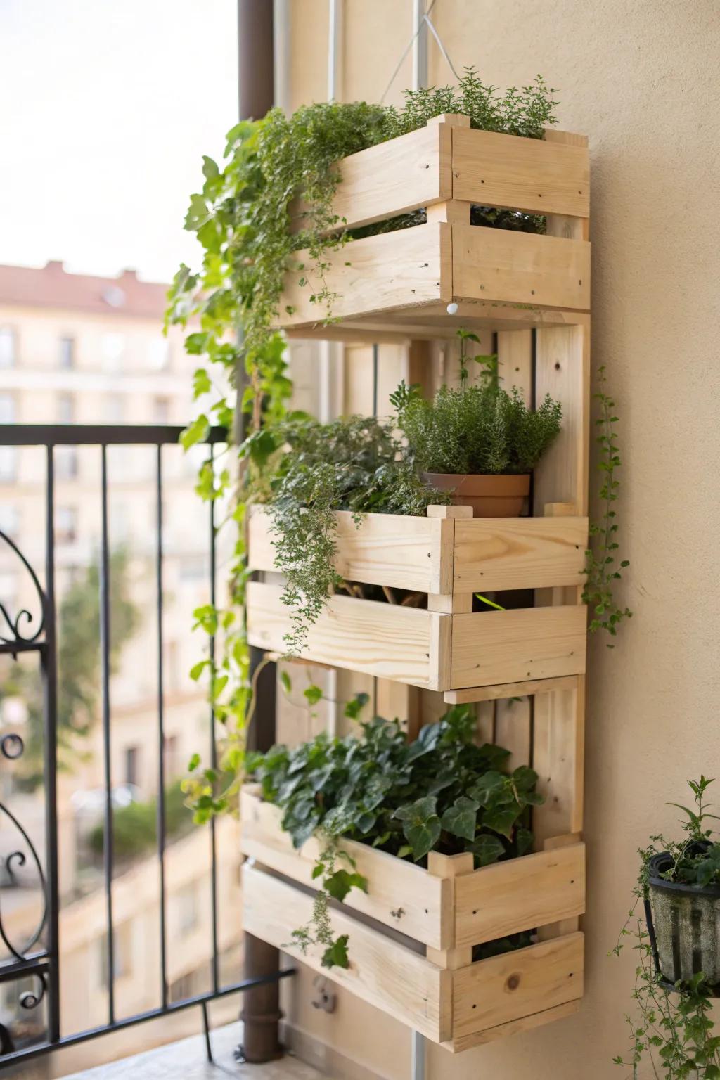 A balcony crate planter wall: vertical garden vibes with zero floor space sacrificed.