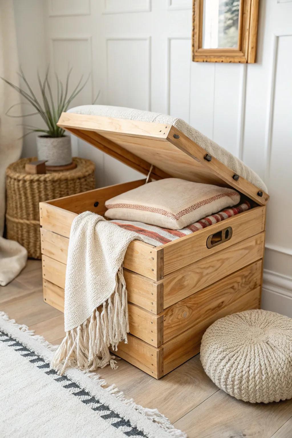 A wooden crate ottoman with a terracotta cushion—cozy seating plus hidden blanket storage.