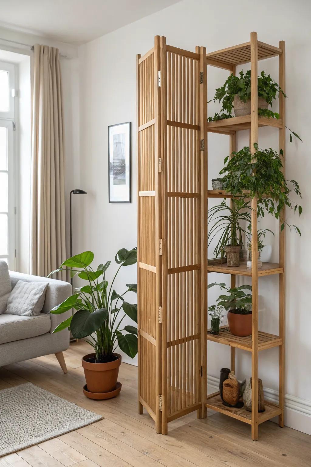 A wooden plant-shelf partition that softens your living room—mini indoor garden included.