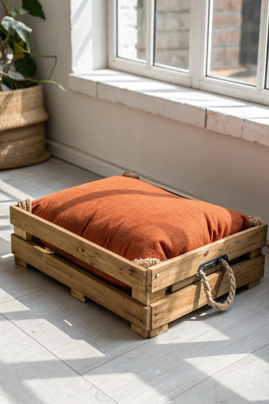 A cute pallet pet bed that feels like real furniture—minimal, cozy, and toy-ready underneath.
