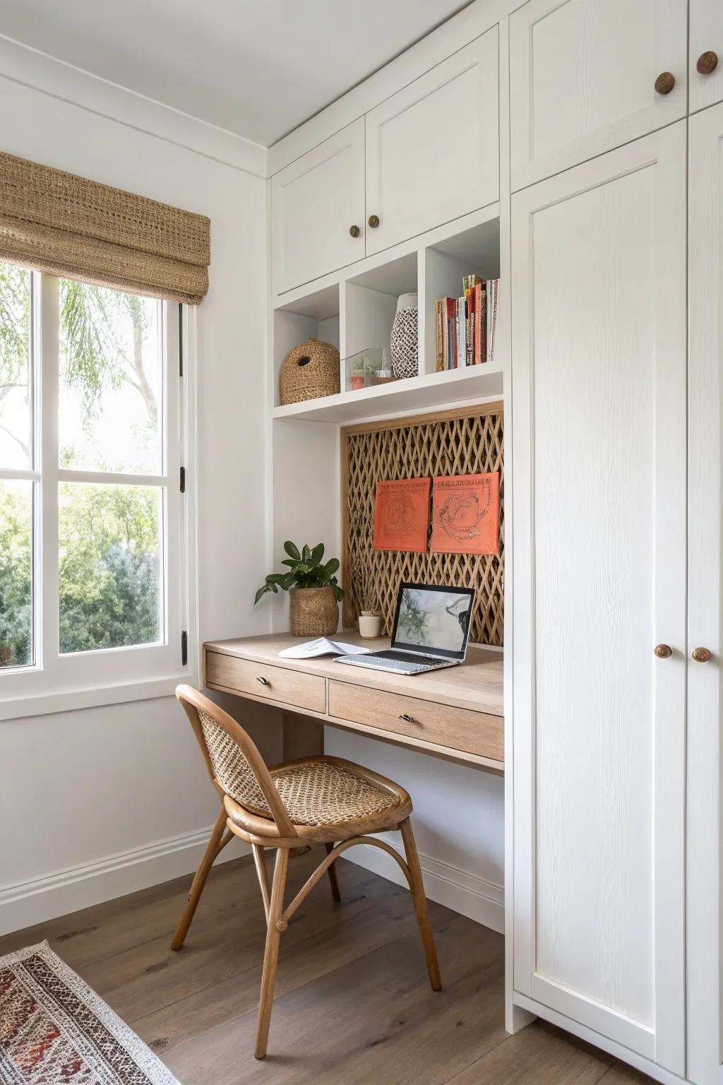 Closet to micro office: a floating shelf desk that looks chic—and lets you shut work away.