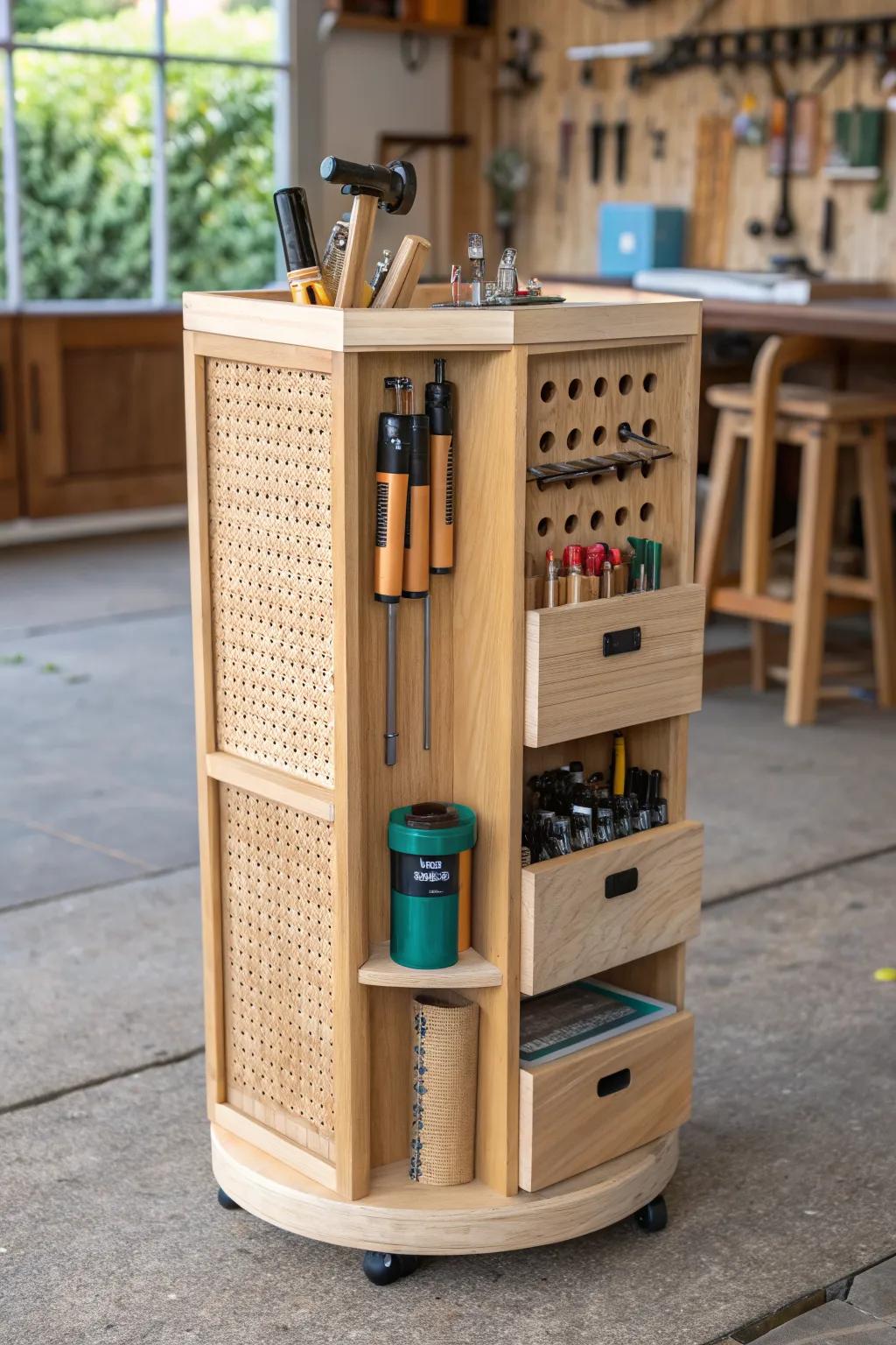A spinning tool tower on casters—compact, bold, and beautifully organized for small workshops.