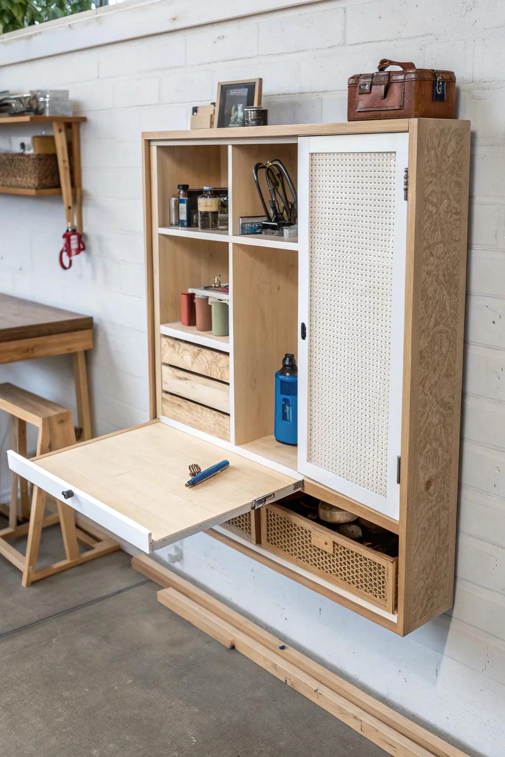 A fold-down workbench that closes flat—built-in storage keeps small workshops tidy and stylish.