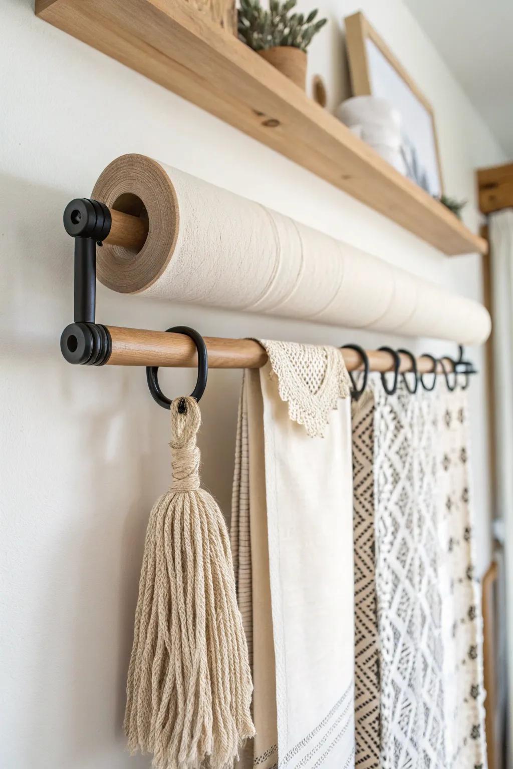 Curtain-rod wrap bar: rolls stay tidy, visible, and easy to grab with one hand.