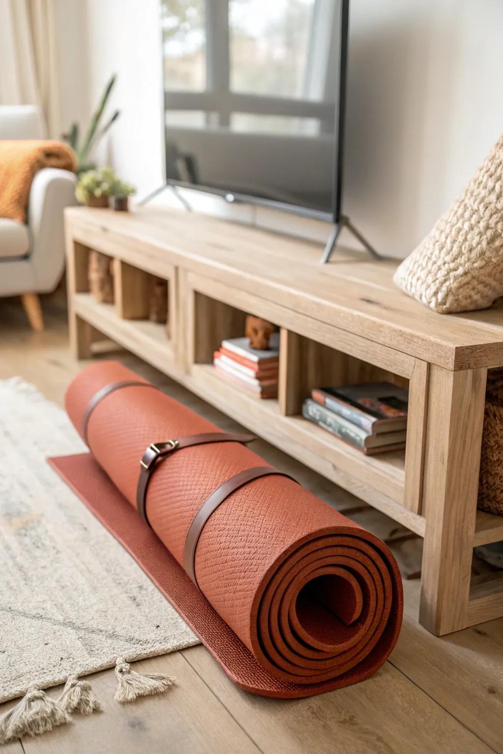 Hide your yoga mat in a slim behind-the-sofa console slot—stylish, tidy, and close at hand.