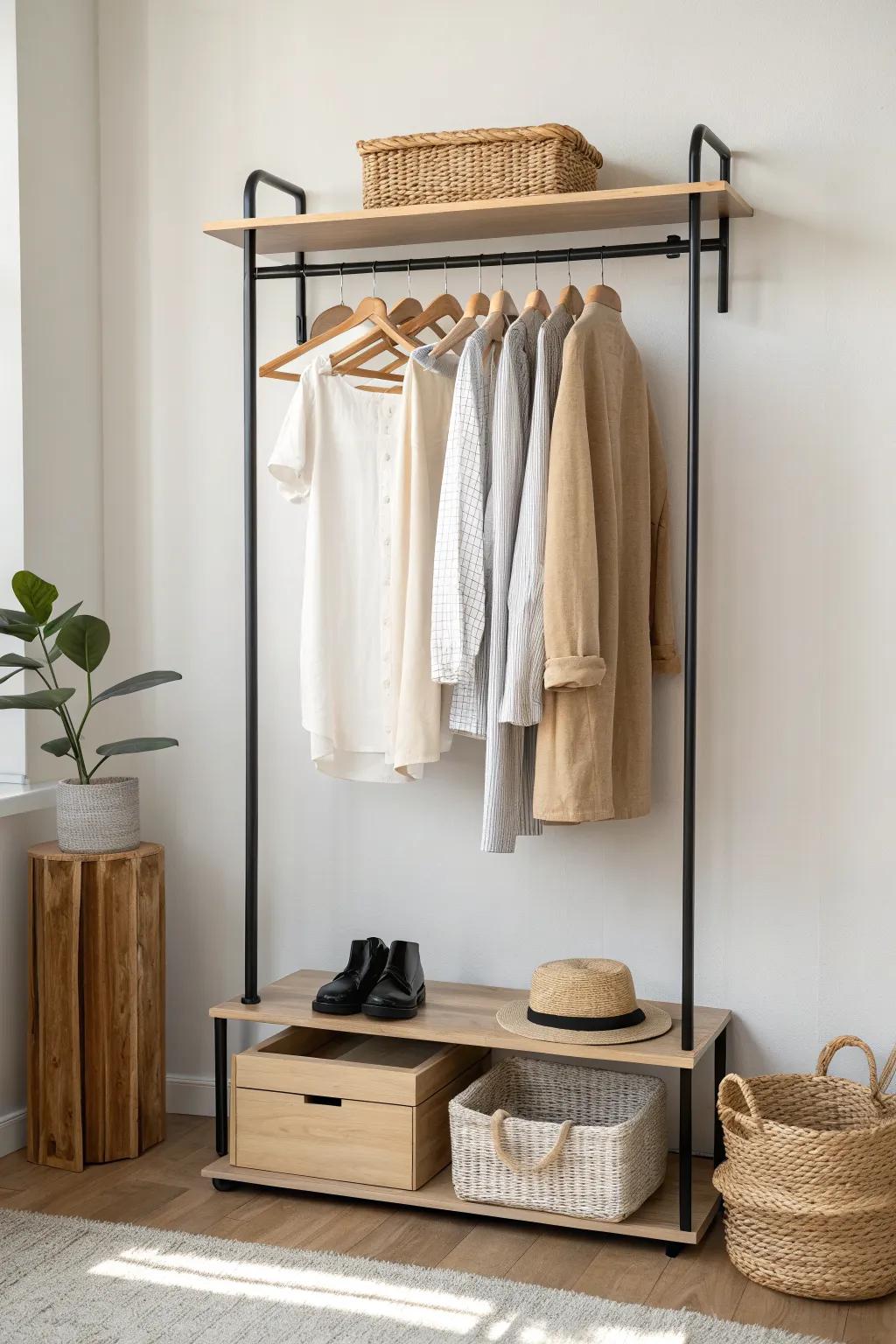Double-hanging closet rods maximize space—less clutter, calmer bedrooms in small condos.