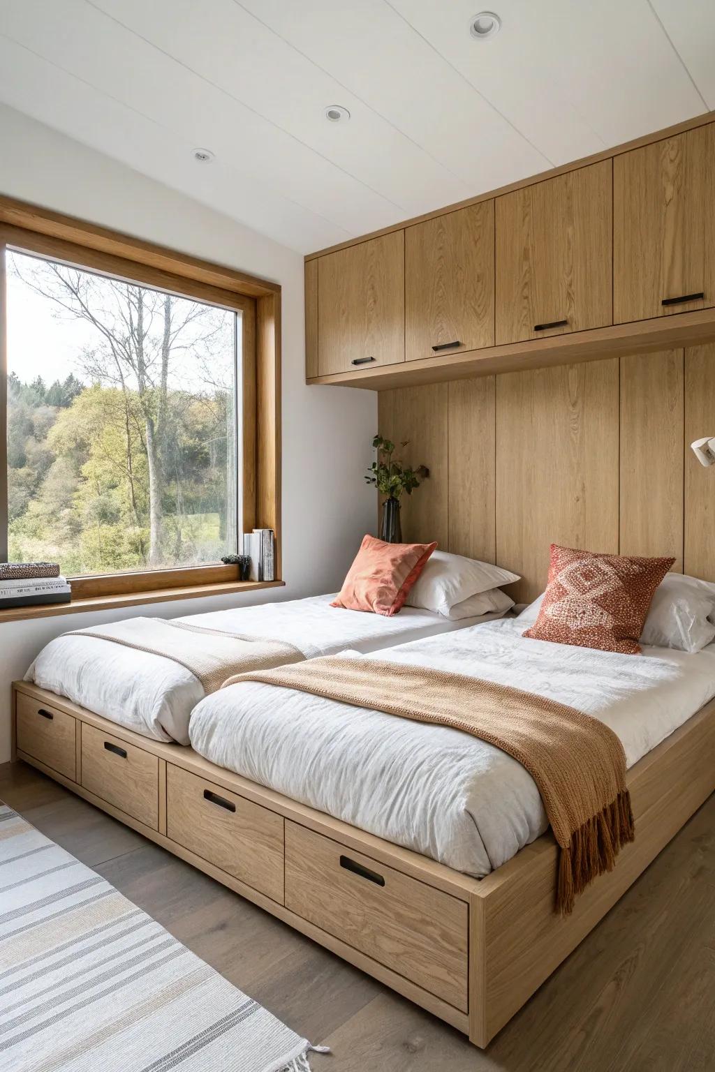 Sleek built-in platform fits two adult mattresses—add hidden drawers to skip extra furniture.