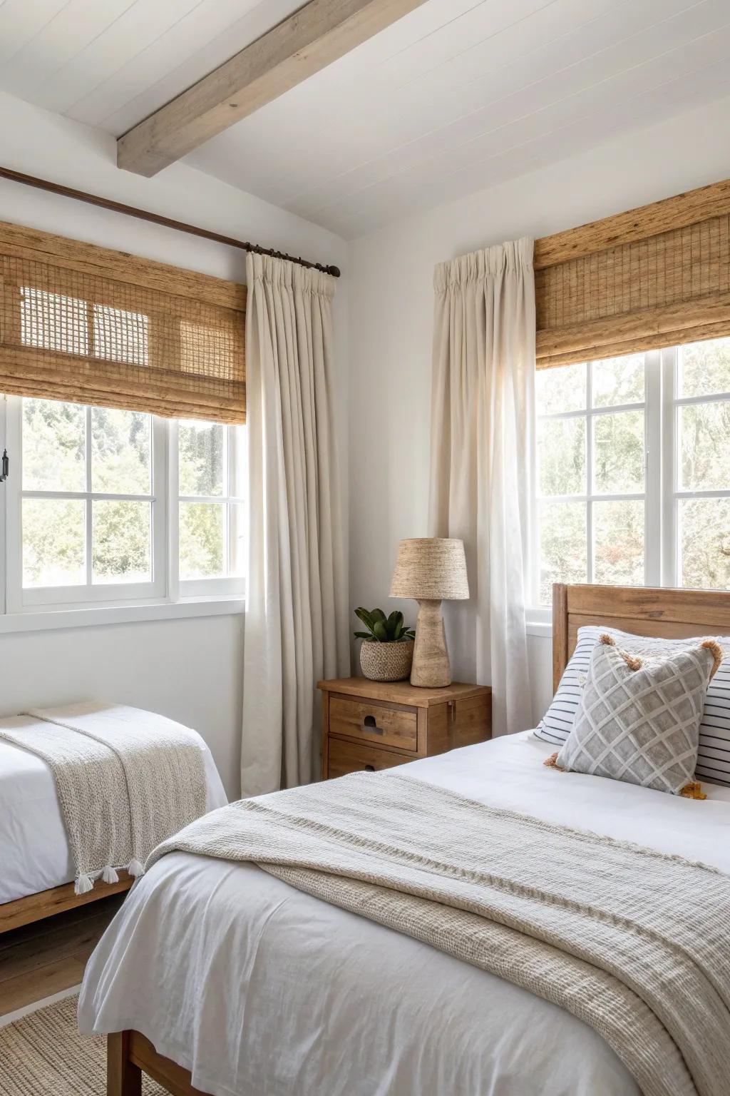 Center the window between two full beds for instant symmetry—even in an awkward small room.