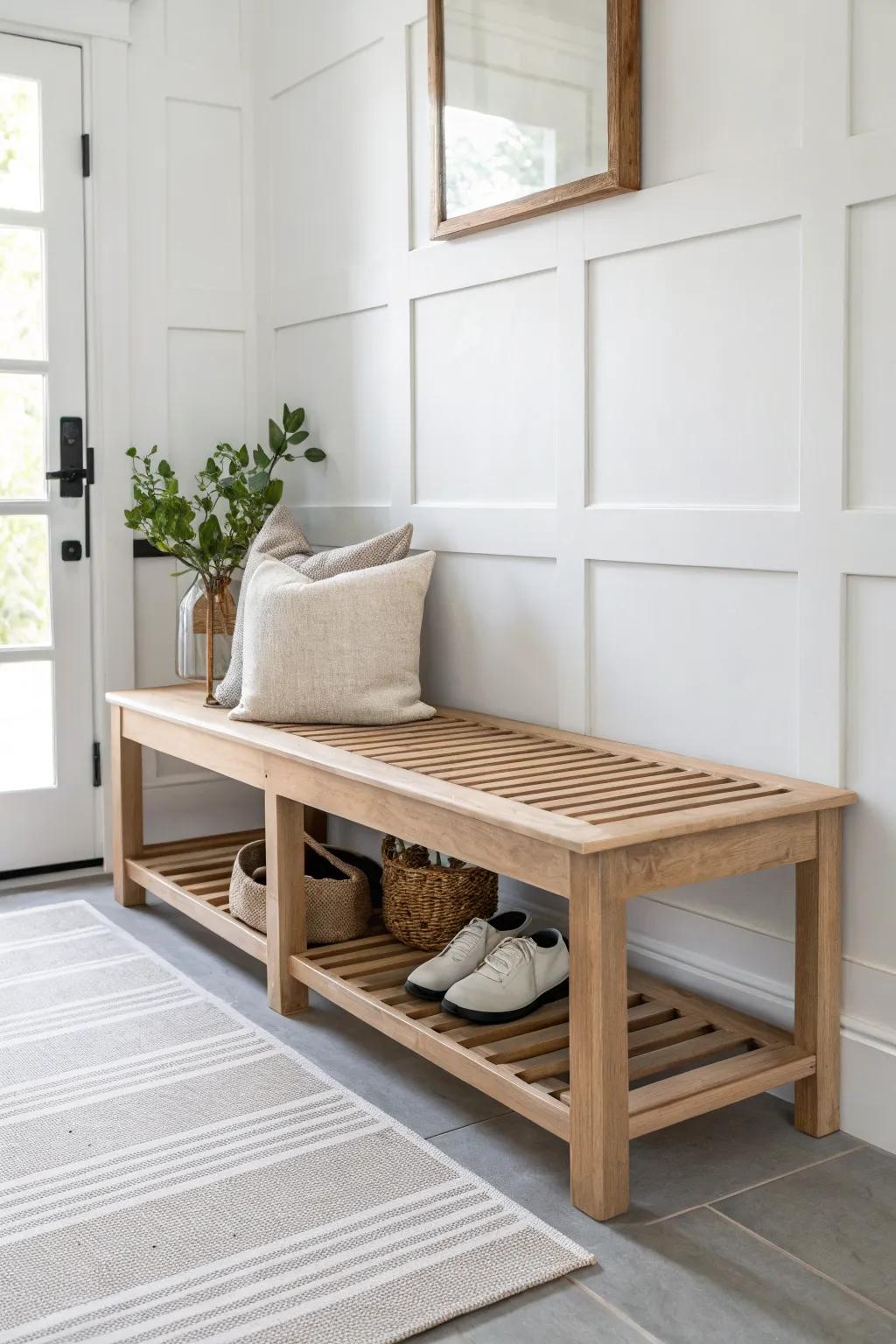 A sleek 2x4 bench with a vented side panel that discreetly hides a tiny pet station.
