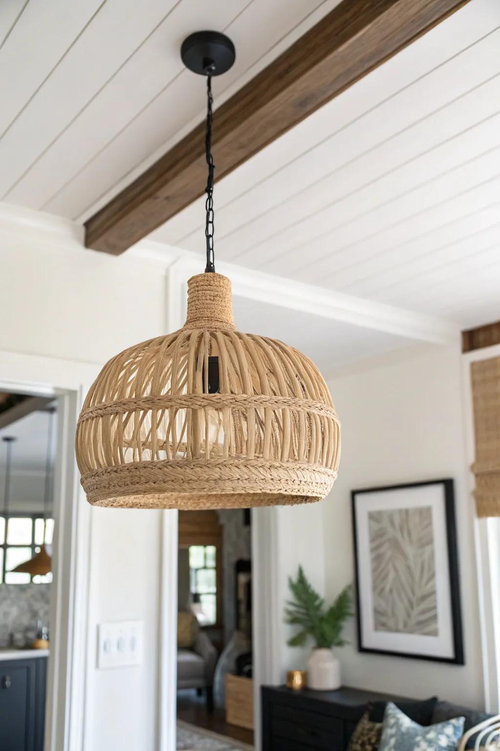 A darker “dropped” entry ceiling and woven pendant create a cozy threshold—and a taller-feeling room.