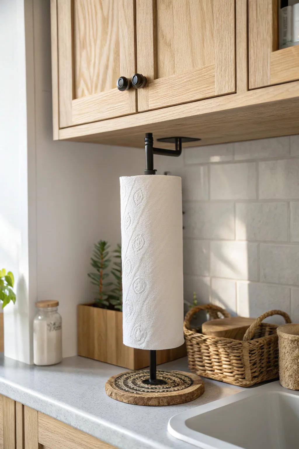Free up sink-side counter space with a sleek under-cabinet paper towel holder.