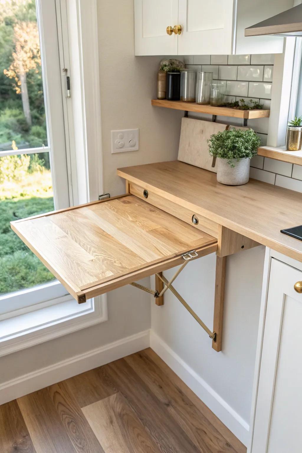 Fold-down prep shelf: a micro island when you need it, open floor space when you don’t.