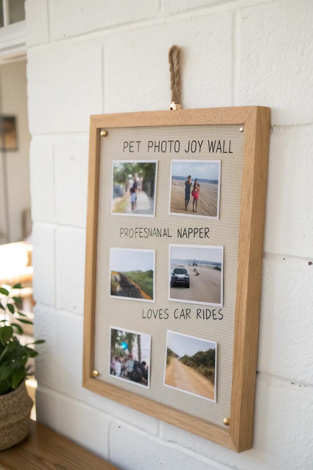 Create a Joy Wall: a minimalist oak pinboard with pet snapshots and tiny handwritten titles.