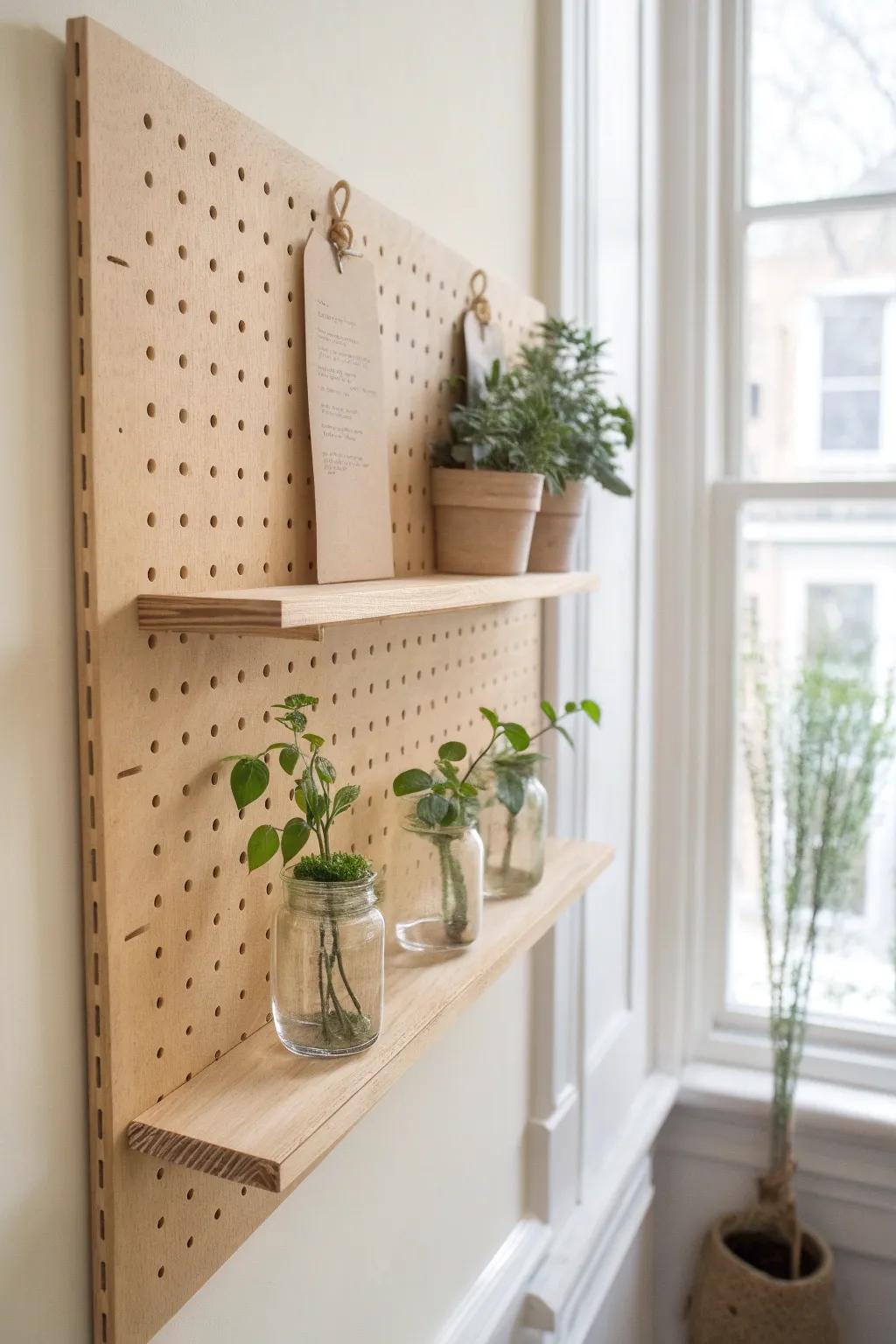 A pegboard propagation station with labeled jars—minimal, boho, and a total wow moment.