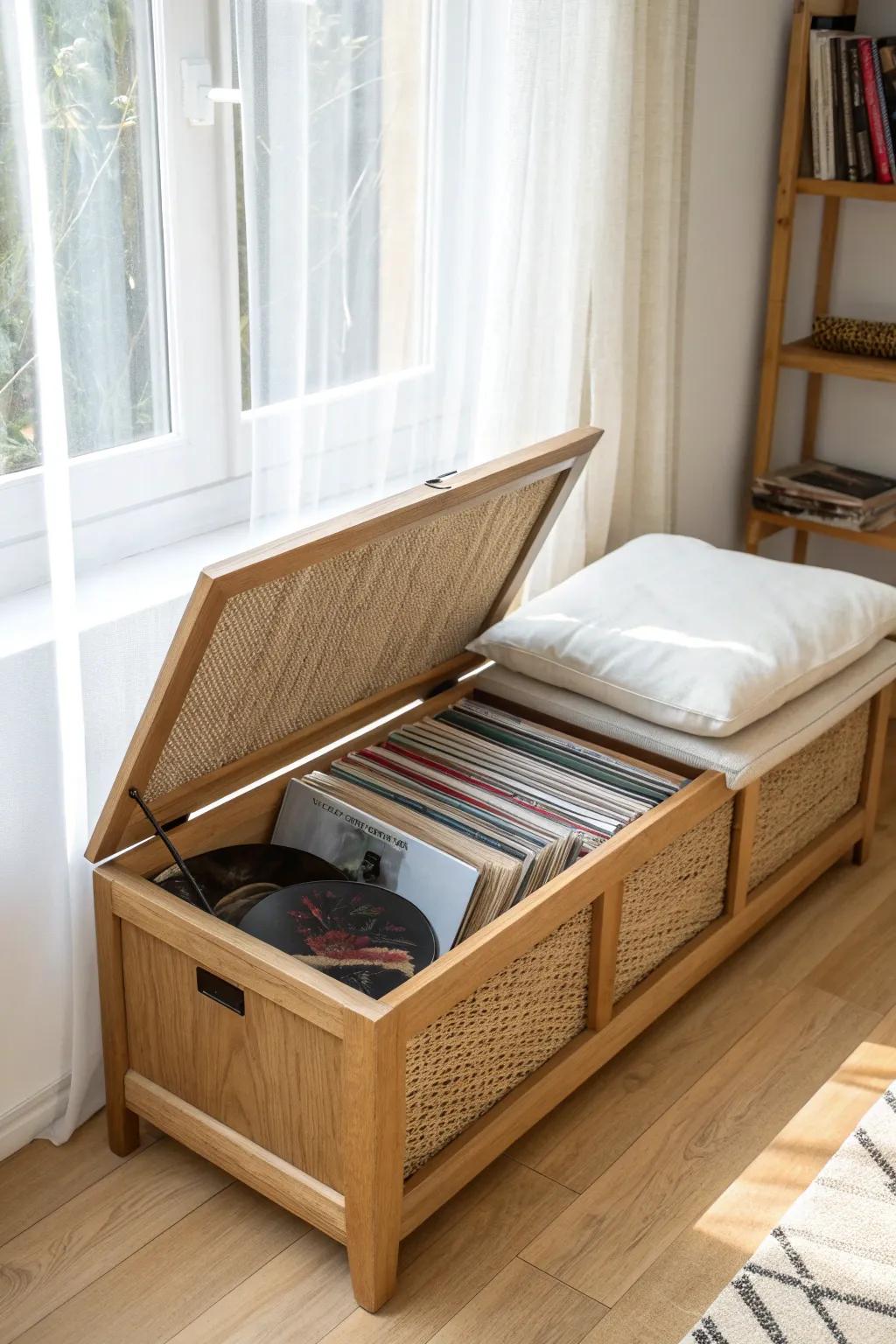 Cozy lift-up window seat: hidden vinyl album storage that keeps covers protected from sunlight.